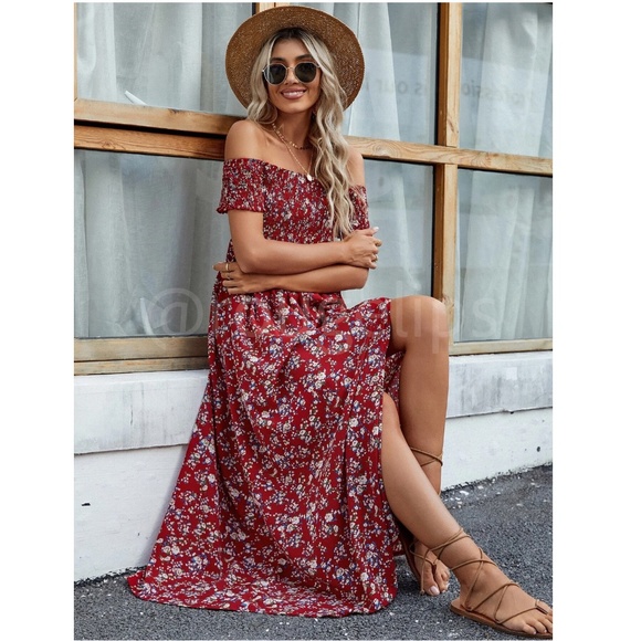 Floral Off Shoulder Burgundy Shirred Top Maxi Dress Leg Slit Flowy Short Sleeves - Picture 3 of 7